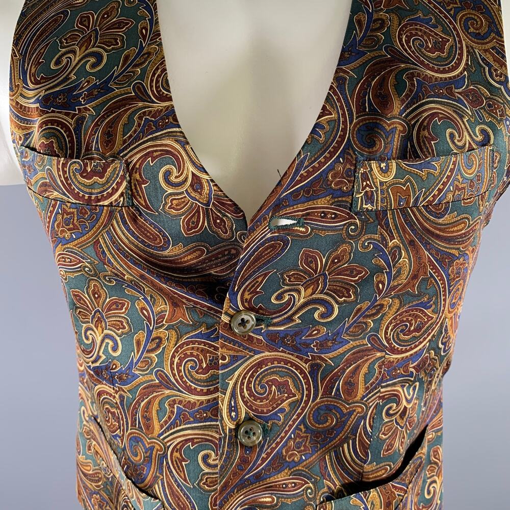 NORDSTROM Size S Green Burgundy Paisley Silk Vest - Picture 2 of 5